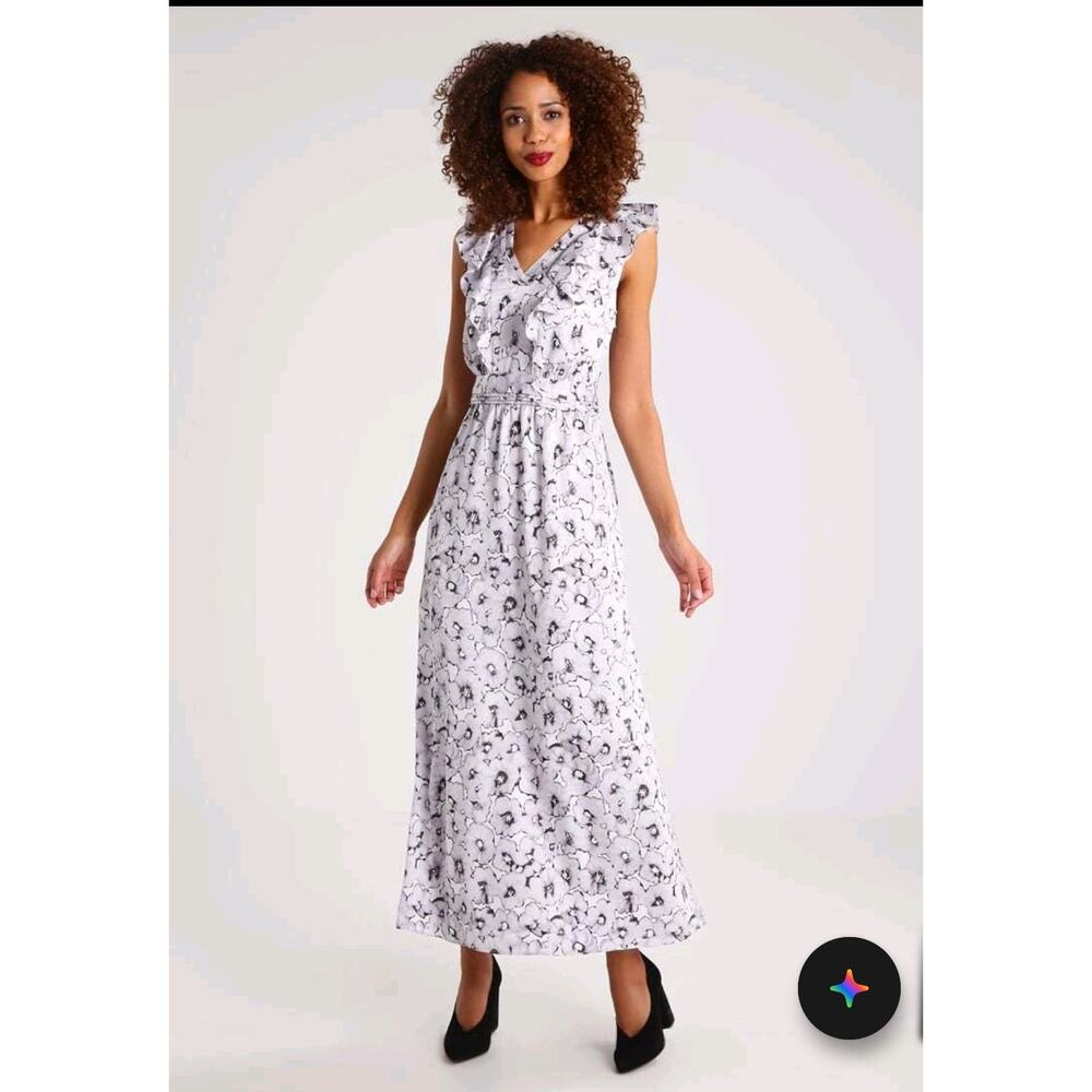 Banana Republic Floral Ruffle Midi Dress Size 0 White Minimalist Coastal Garden